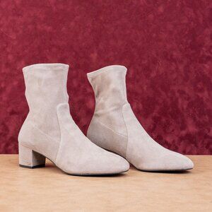 Stuart Weitzman Women Sofia Stretch Beige Suede Block Heel Ankle Boots sz 9.5